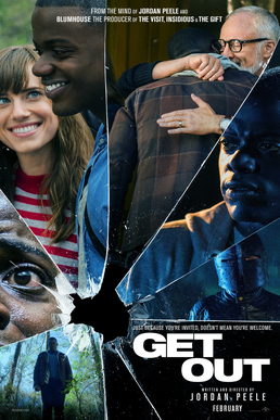 Get Out theatrical poster featuring Daniel Kaluuya and fragmented scenes from the film